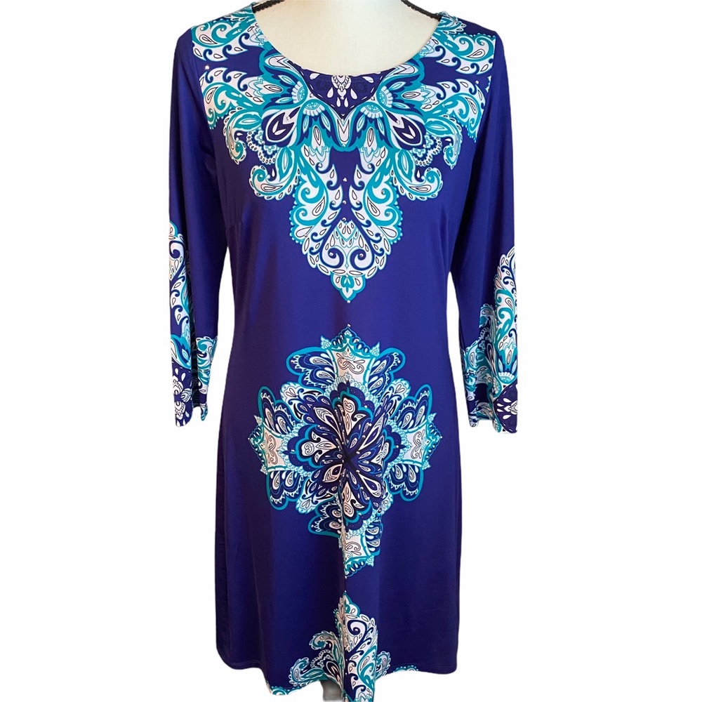 INC Blue Paisley Long Sleeve Dress, Size Medium